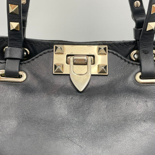 Rockstud Black Top Handle Bag in Calfskin, Silver hardware