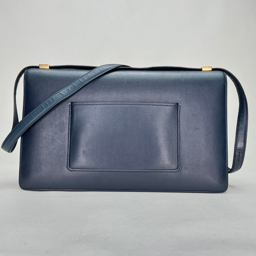 Case Flap Medium Navy Shoulder Bag in Calfskin, Gold hardware