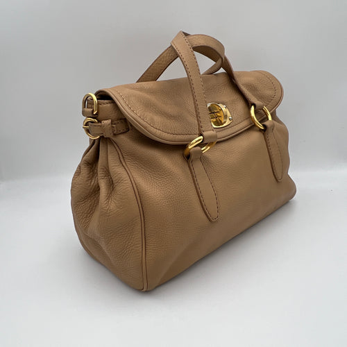 Vitello Twist Lock Beige Top Handle Bag in Calfskin, Gold hardware