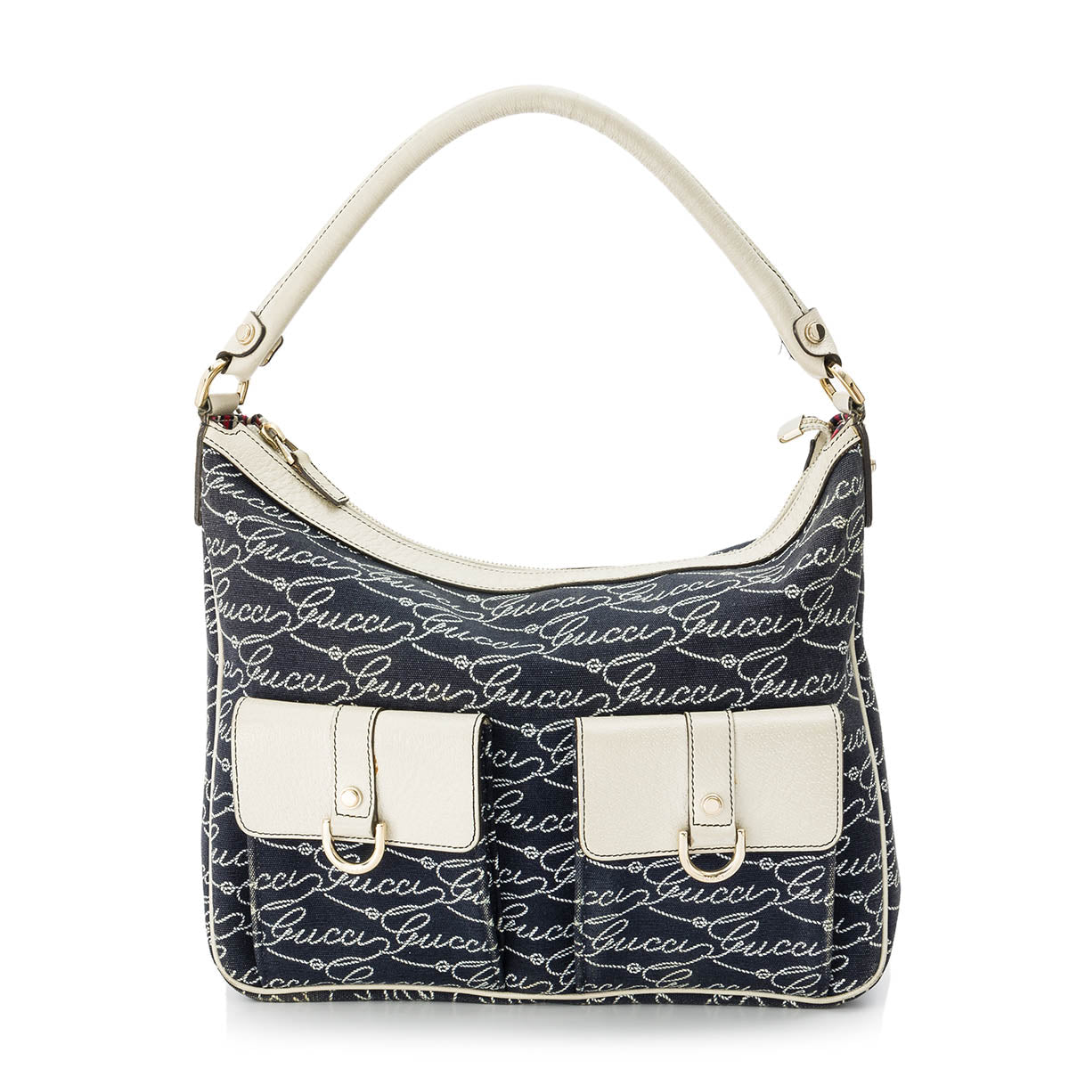 Calligraphy Navy Shoulder Bag in Denim, Light Gold hardware