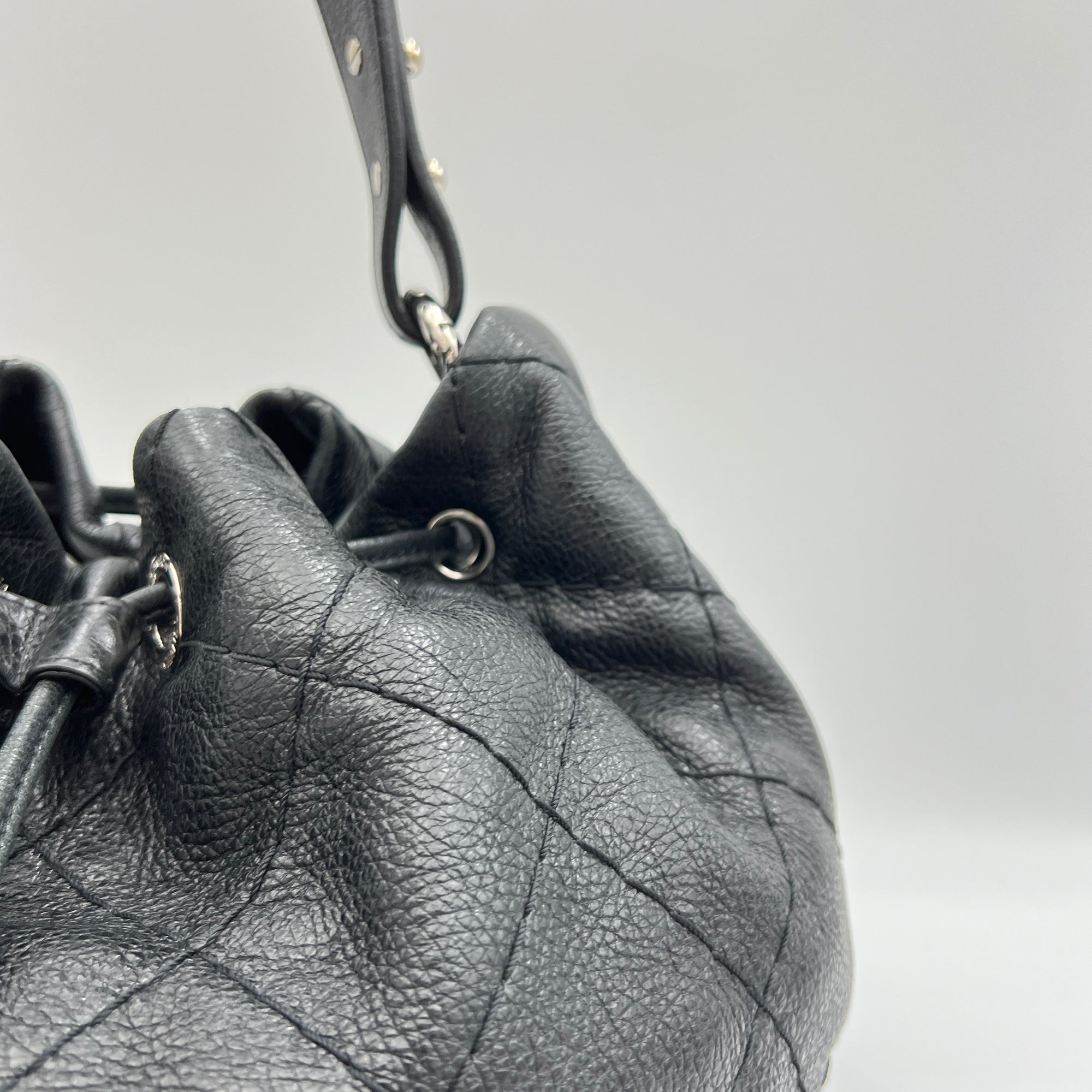 Quilted Drawstring Black Bucket Bag in Calfskin, Silver hardware