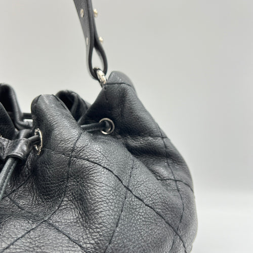 Quilted Drawstring Black Bucket Bag in Calfskin, Silver hardware