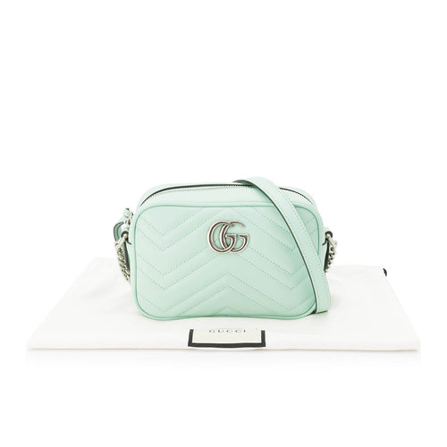 GG Marmont Camera Mini Green Crossbody Bag in Calfskin, Silver hardware