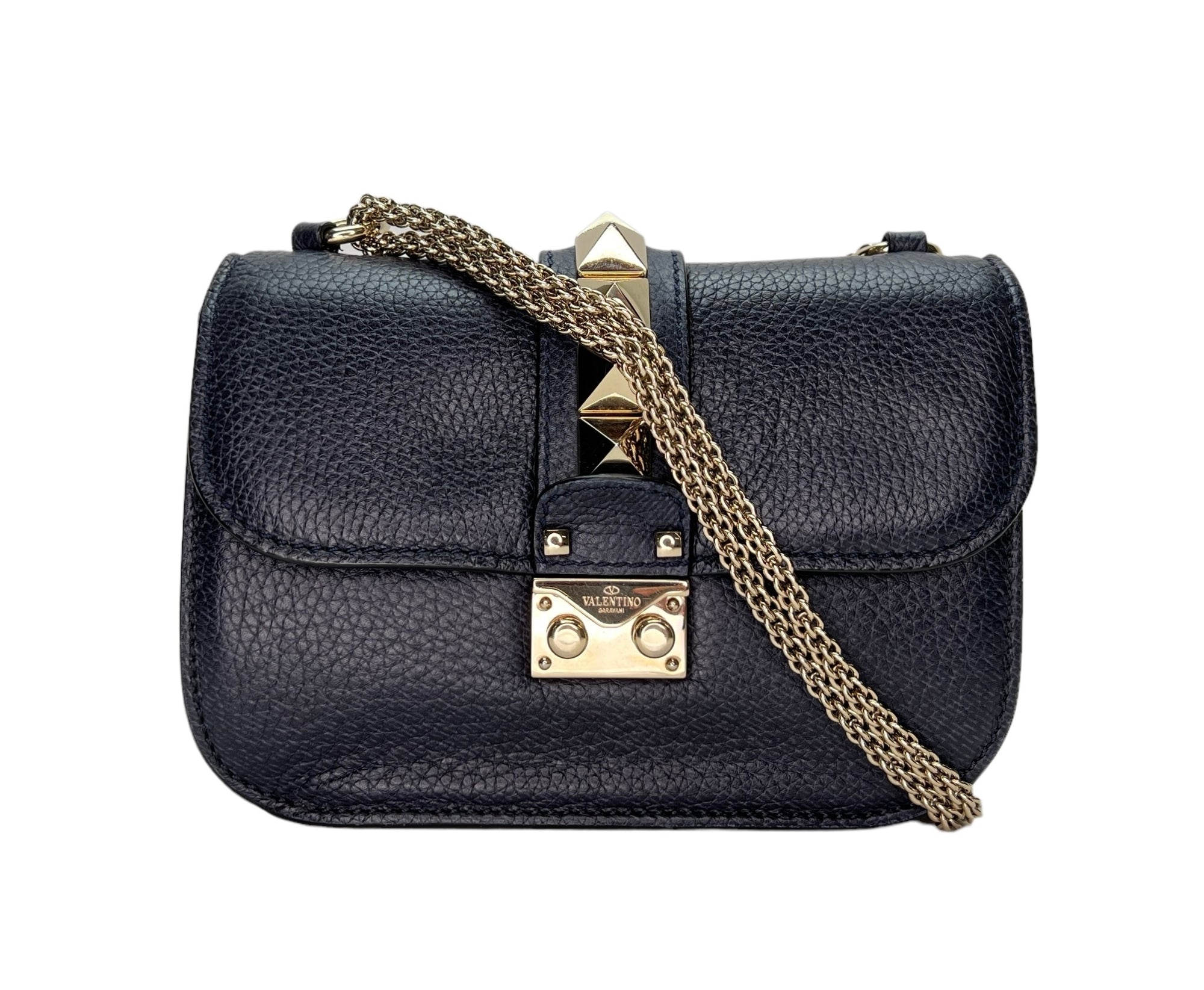 Rockstud Glam Lock Navy Crossbody Bag in Calfskin, Light Gold hardware