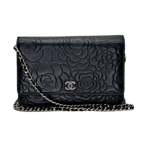 Camellia Black Wallet on Chain in Lambskin, Silver hardware