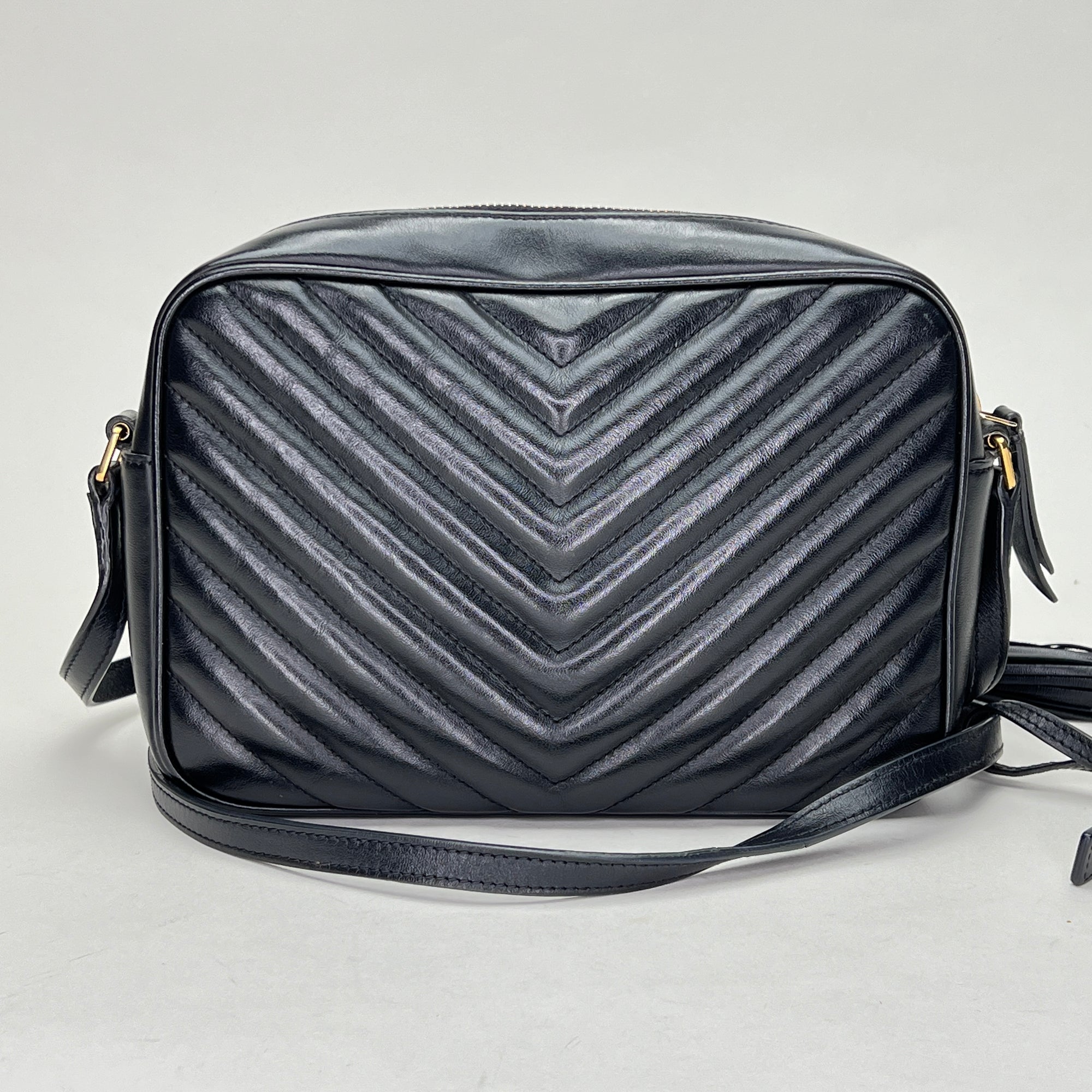 Lou Camera Black Crossbody Bag in Calfskin, Gold hardware