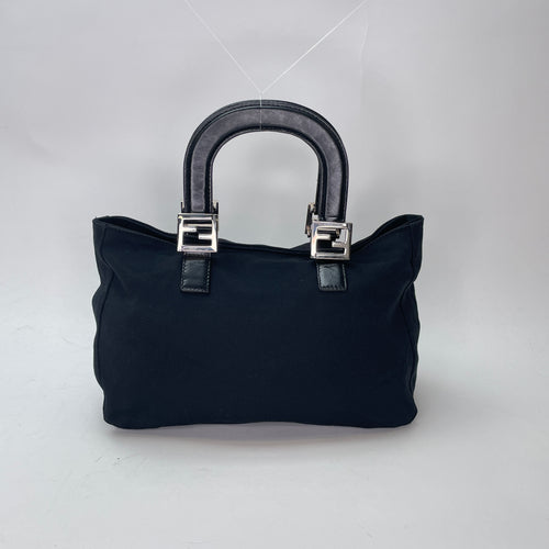 Twin Black Top Handle Bag in Nylon, Silver hardware