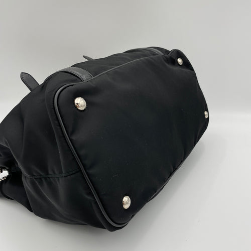 Two-Way Black Top Handle Bag in Nylon, Silver hardware