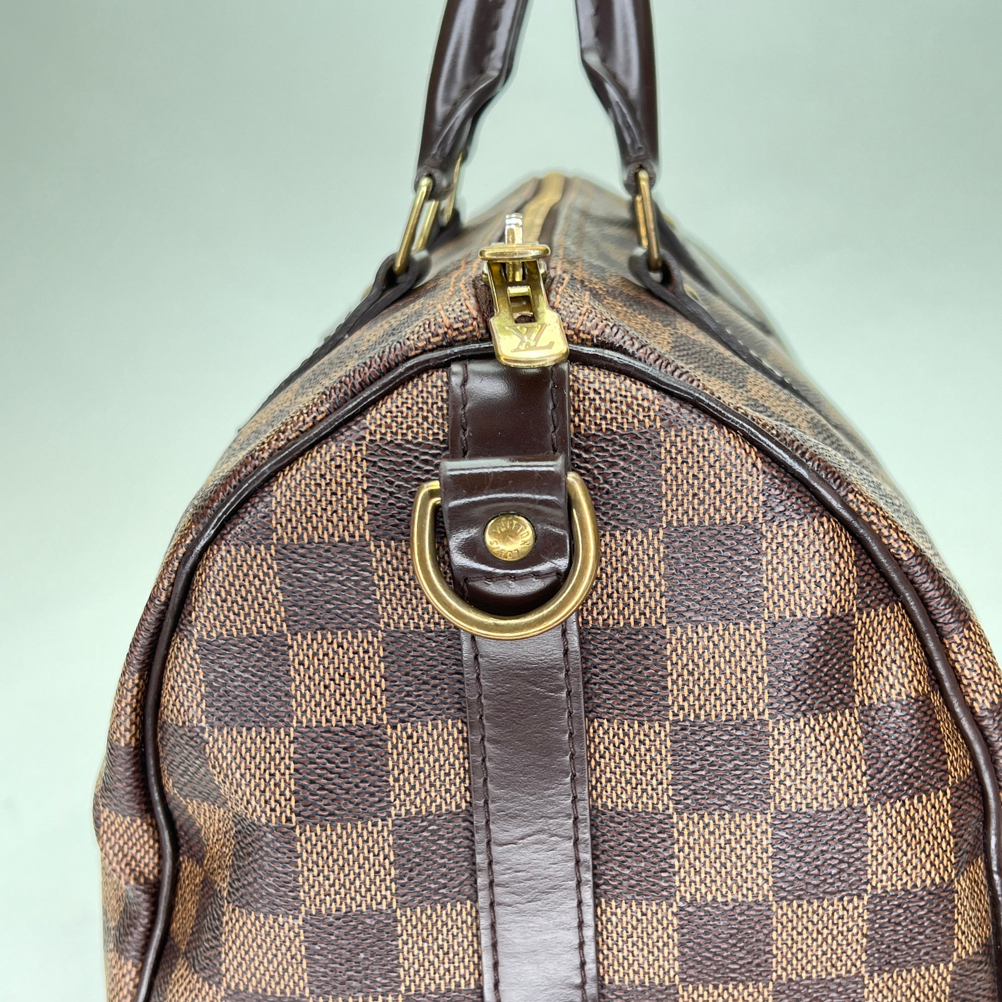 Speedy Bandouliere 30 Damier Ebene Top Handle Bag in Coated Canvas, Gold hardware