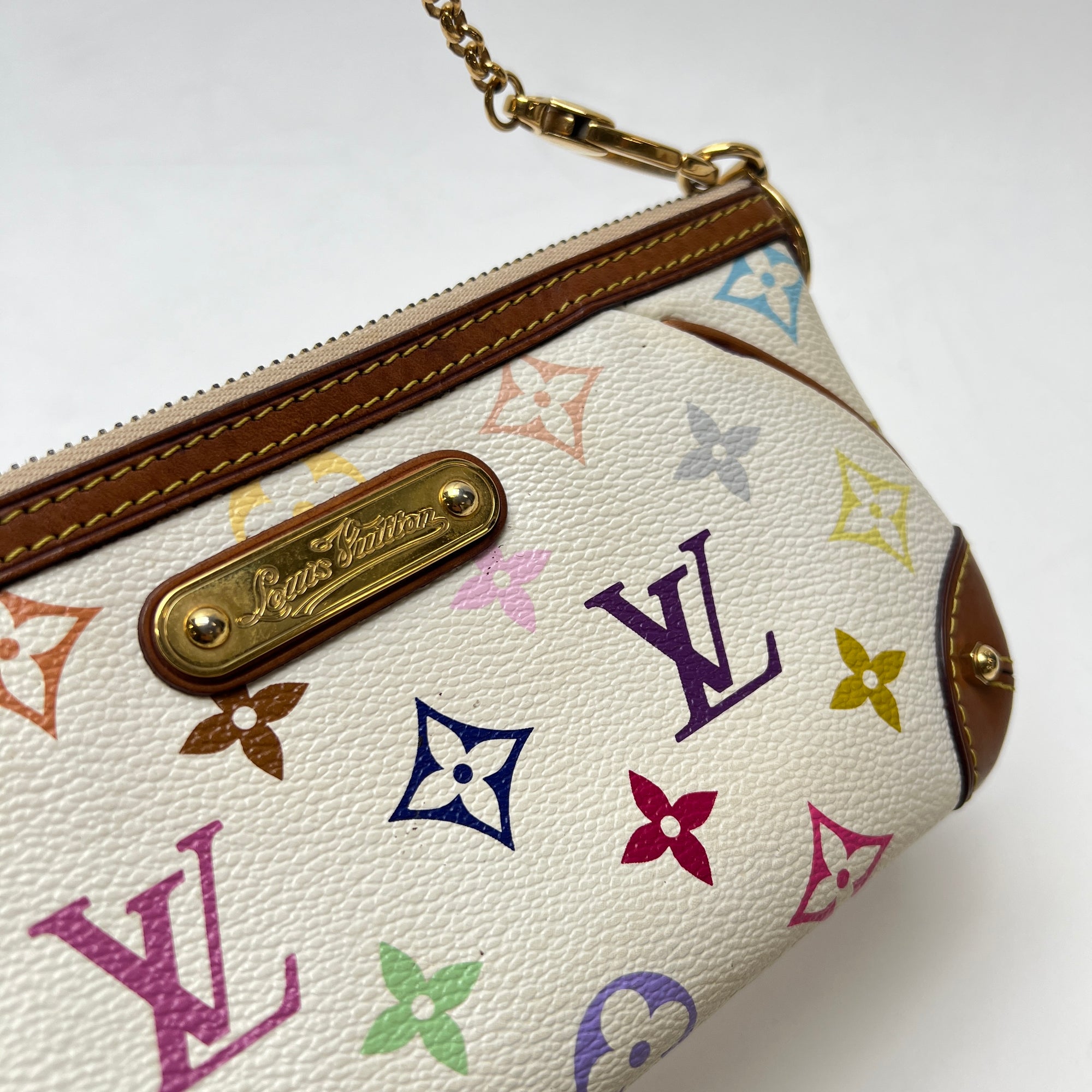 Milla Pochette MM White Shoulder Bag in Monogram Coated Canvas, Gold hardware