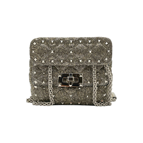 Rockstud Spike Micro Silver Crossbody Bag in Beaded Canvas, Silver hardware