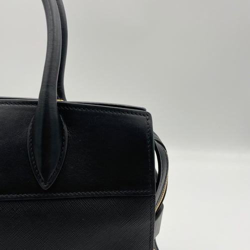 Esplanade Black Top Handle Bag in Saffiano Leather, Gold hardware