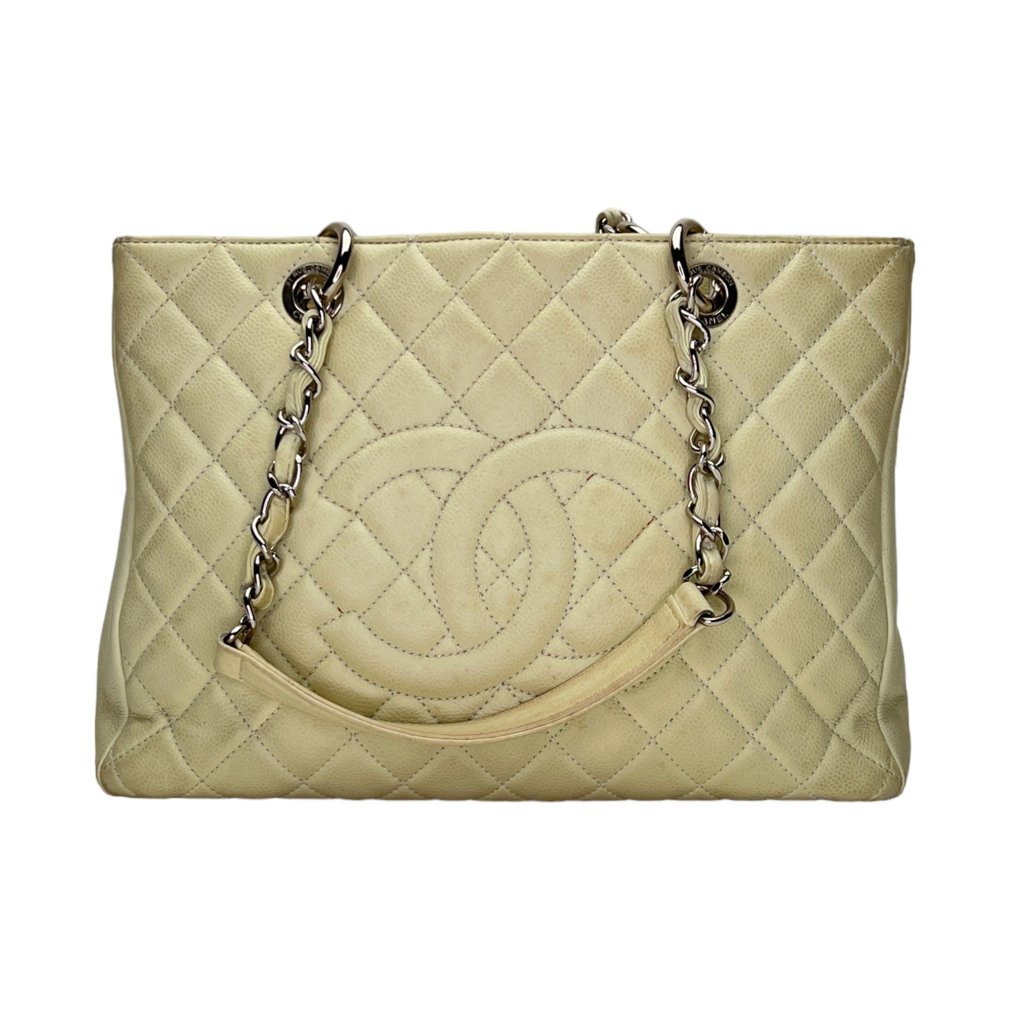 GST Cream Shoulder Bag in Caviar Leather, Silver hardware