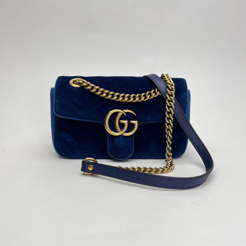 GG Marmont Mini Blue Crossbody Bag in Velvet, Gold hardware