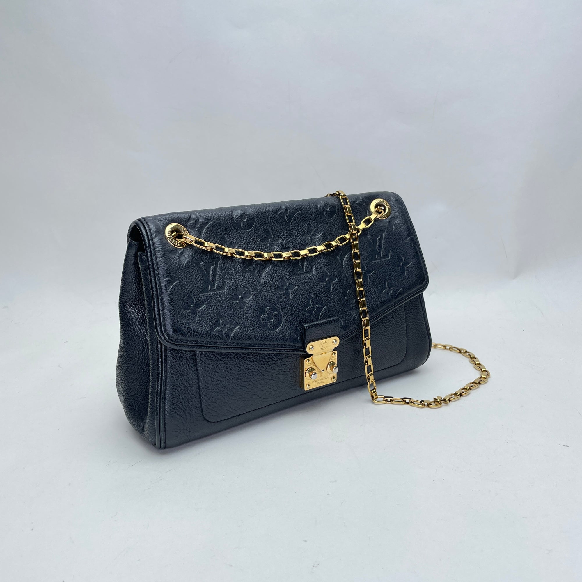 Saint Germain PM Black Shoulder Bag in Monogram Empreinte Leather, Gold hardware