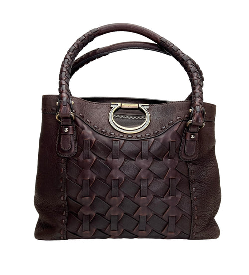 Woven Brown Top Handle Bag in Calfskin, Antique Brass hardware