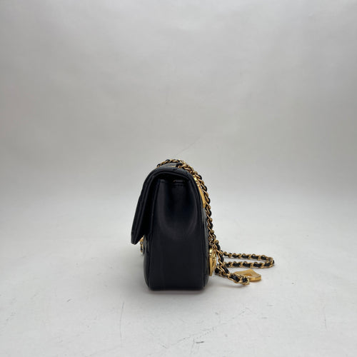 Flap Heart Chain Black Crossbody Bag in Lambskin, Brushed Gold hardware