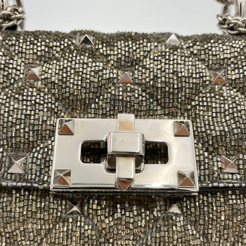 Rockstud Spike Micro Silver Crossbody Bag in Beaded Canvas, Silver hardware