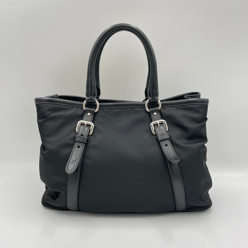 Two-Way Black Top Handle Bag in Nylon, Silver hardware