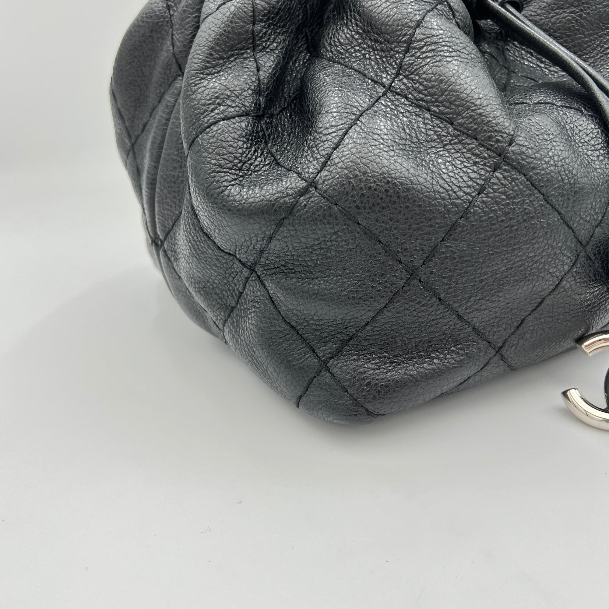 Quilted Drawstring Black Bucket Bag in Calfskin, Silver hardware