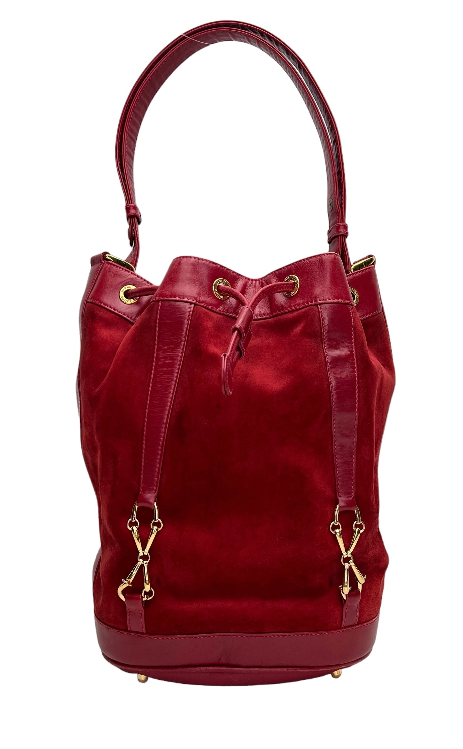 Vintage Red Bucket Bag in Suede Leather, Gold hardware