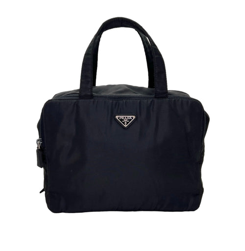 Travel Cosmetic Black Top Handle Bag in Nylon, Silver hardware