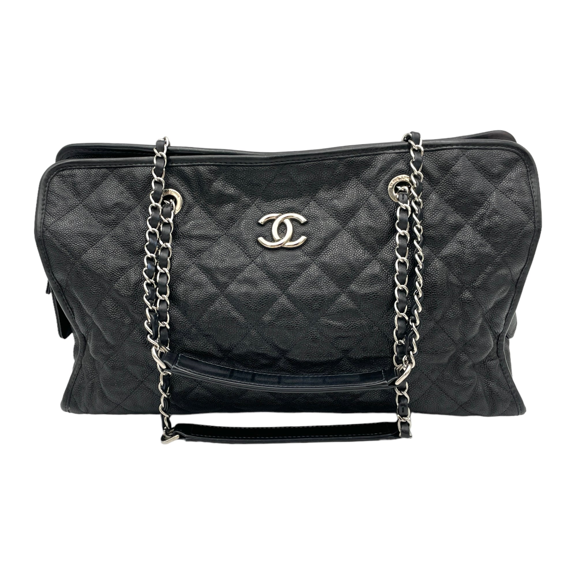 Quilted Riviera Black Tote Bag in Caviar Leather, Silver hardware