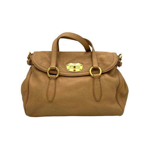 Vitello Twist Lock Beige Top Handle Bag in Calfskin, Gold hardware