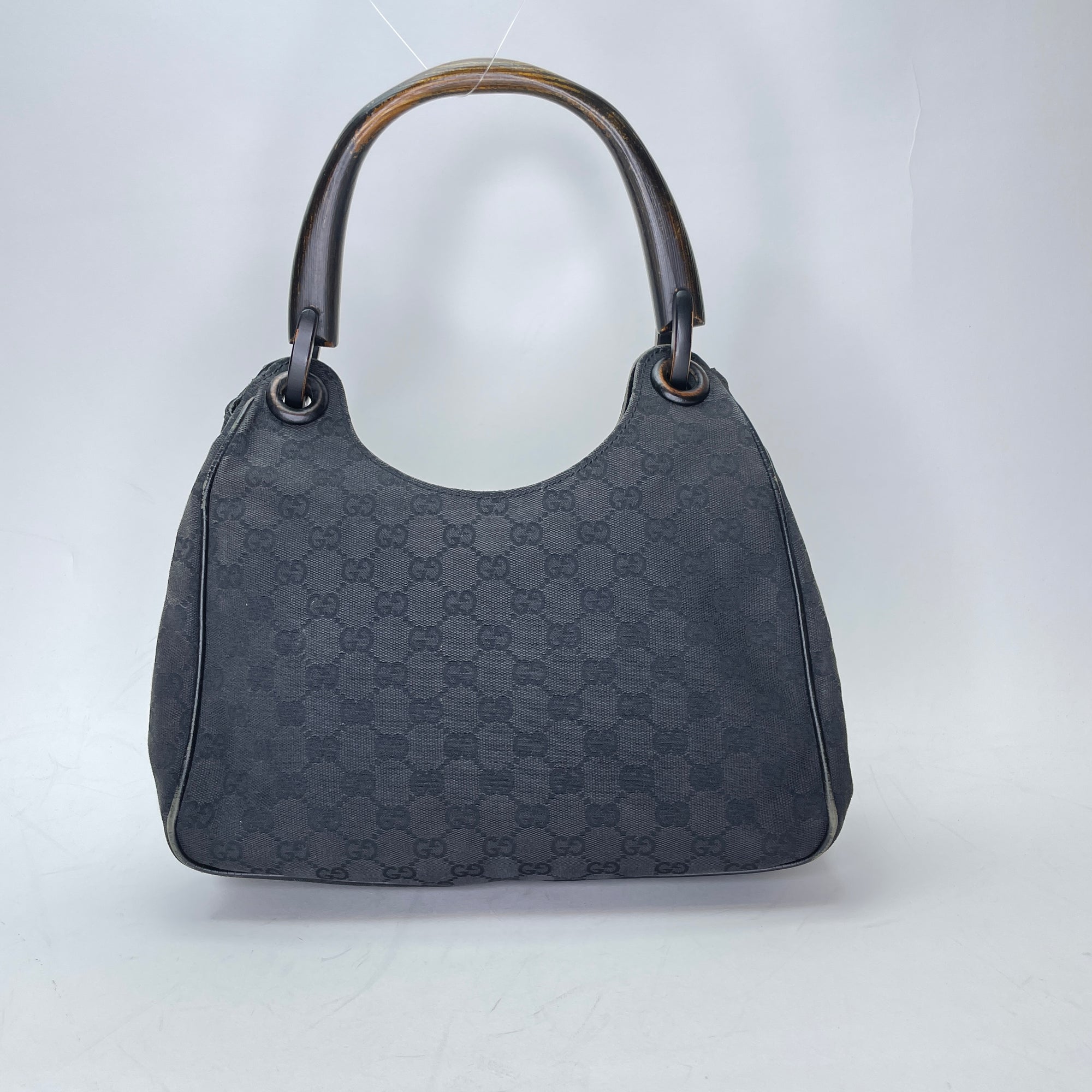 GG Bamboo Black Top Handle Bag in Canvas, Gunmetal hardware