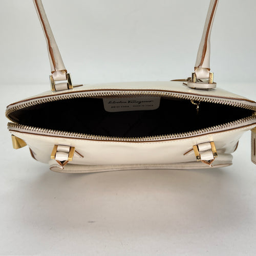 Zip Around Cream Top Handle Bag in Calfskin, Gold hardware