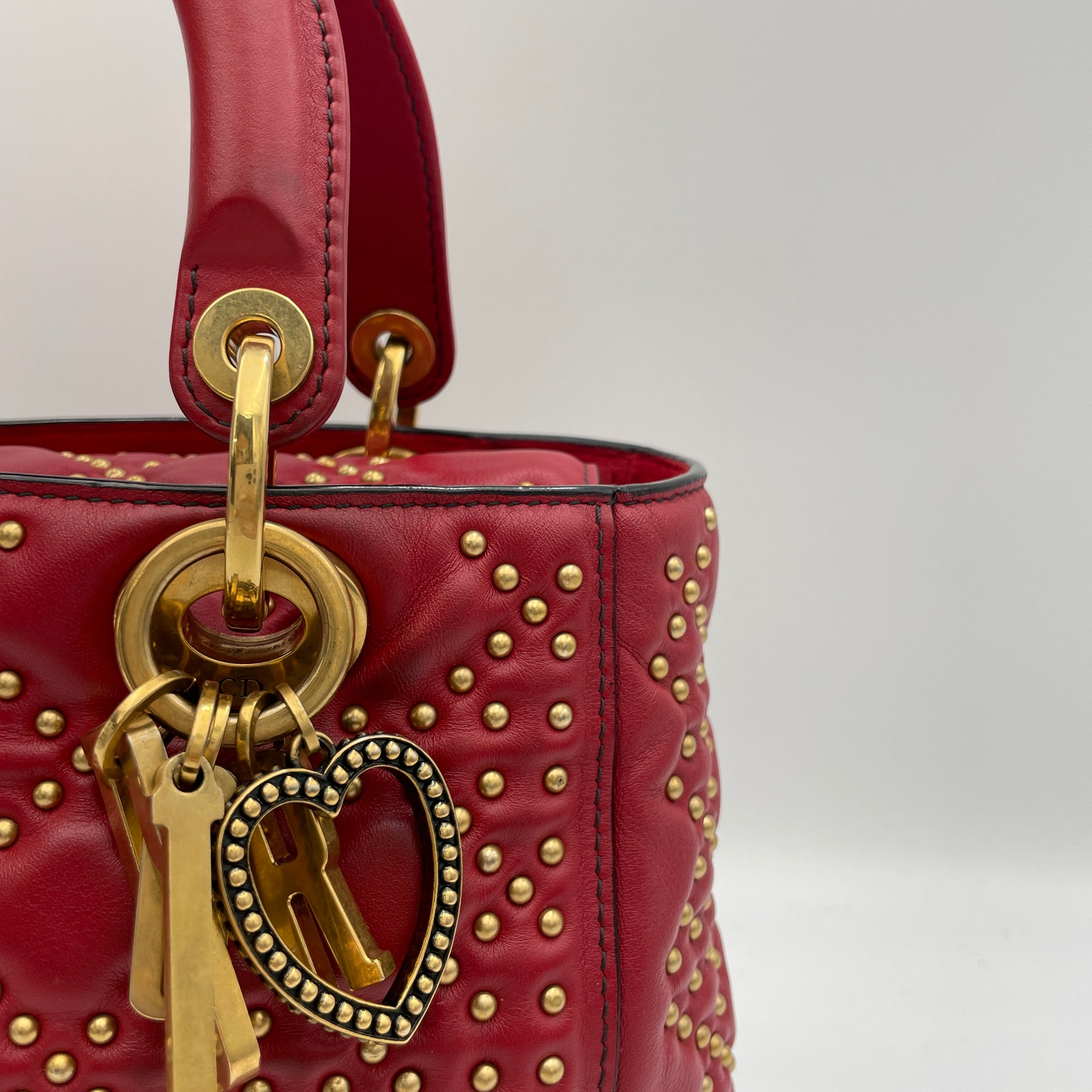 Lady Dior Medium Red Top Handle Bag in Lambskin, Gold hardware