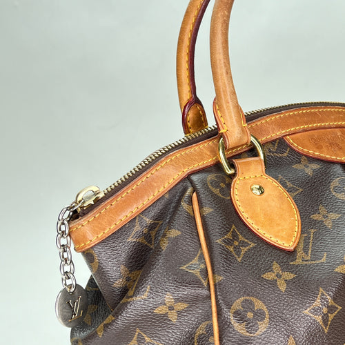 Tivoli PM Brown Top Handle Bag in Monogram Coated Canvas, Gold hardware