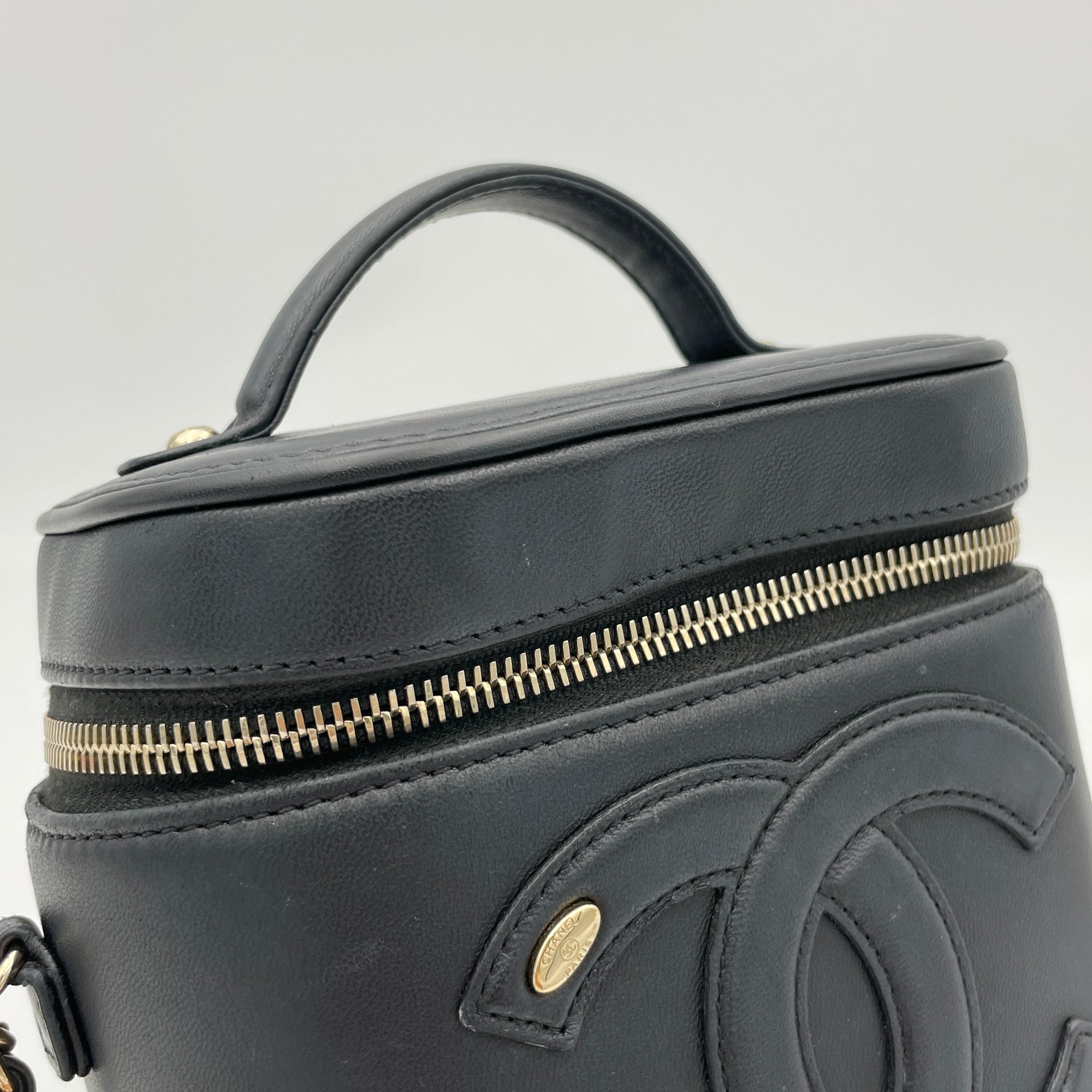 CC Vanity Black Top Handle Bag in Lambskin, Gold hardware