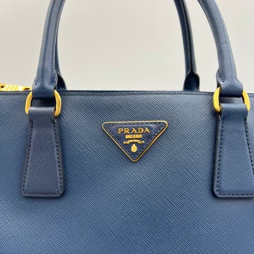 Galleria Large Blue Top Handle Bag in Saffiano Leather, Gold hardware