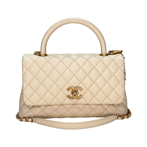 Coco Medium Beige Top Handle Bag in Caviar Leather, Gold hardware