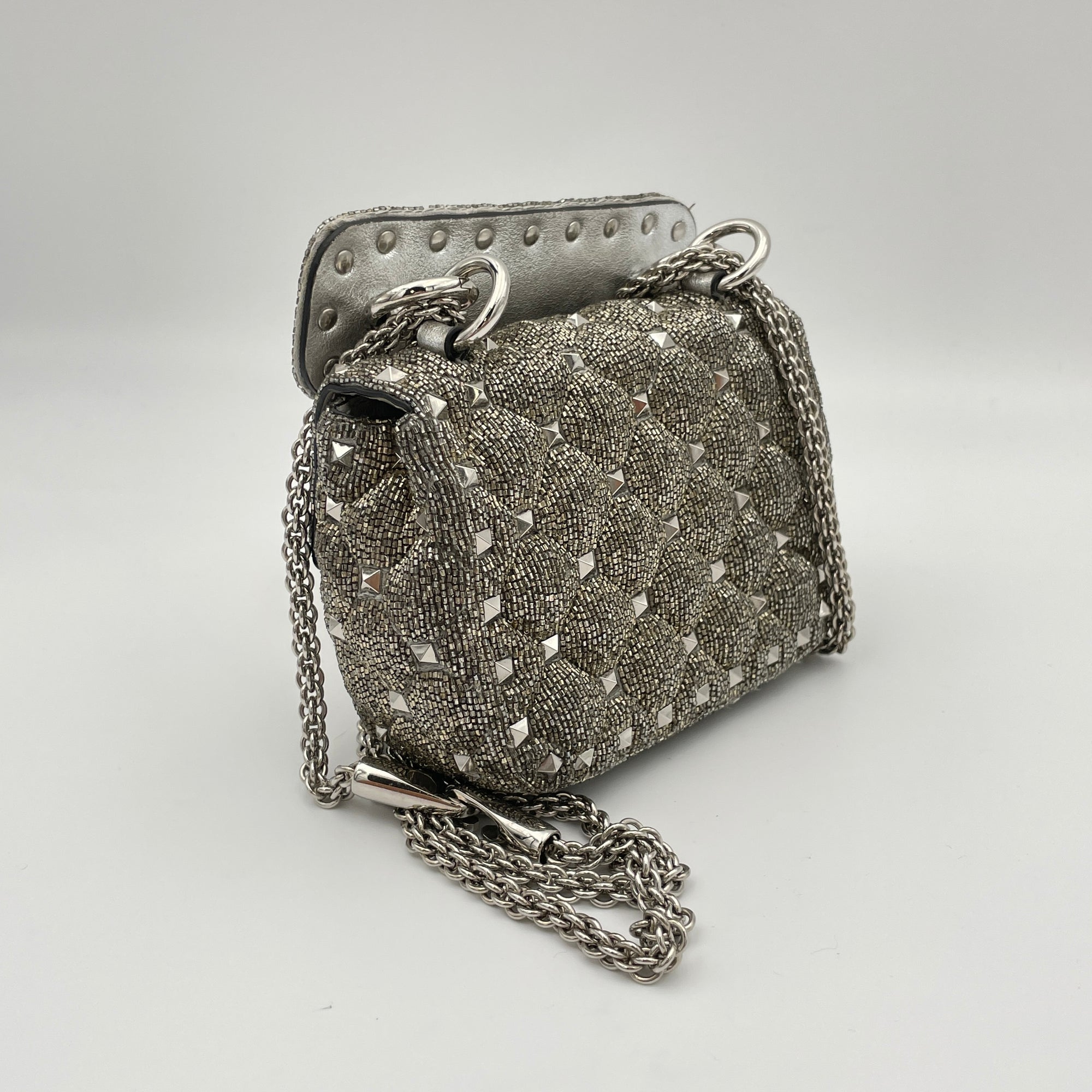 Rockstud Spike Micro Silver Crossbody Bag in Beaded Canvas, Silver hardware