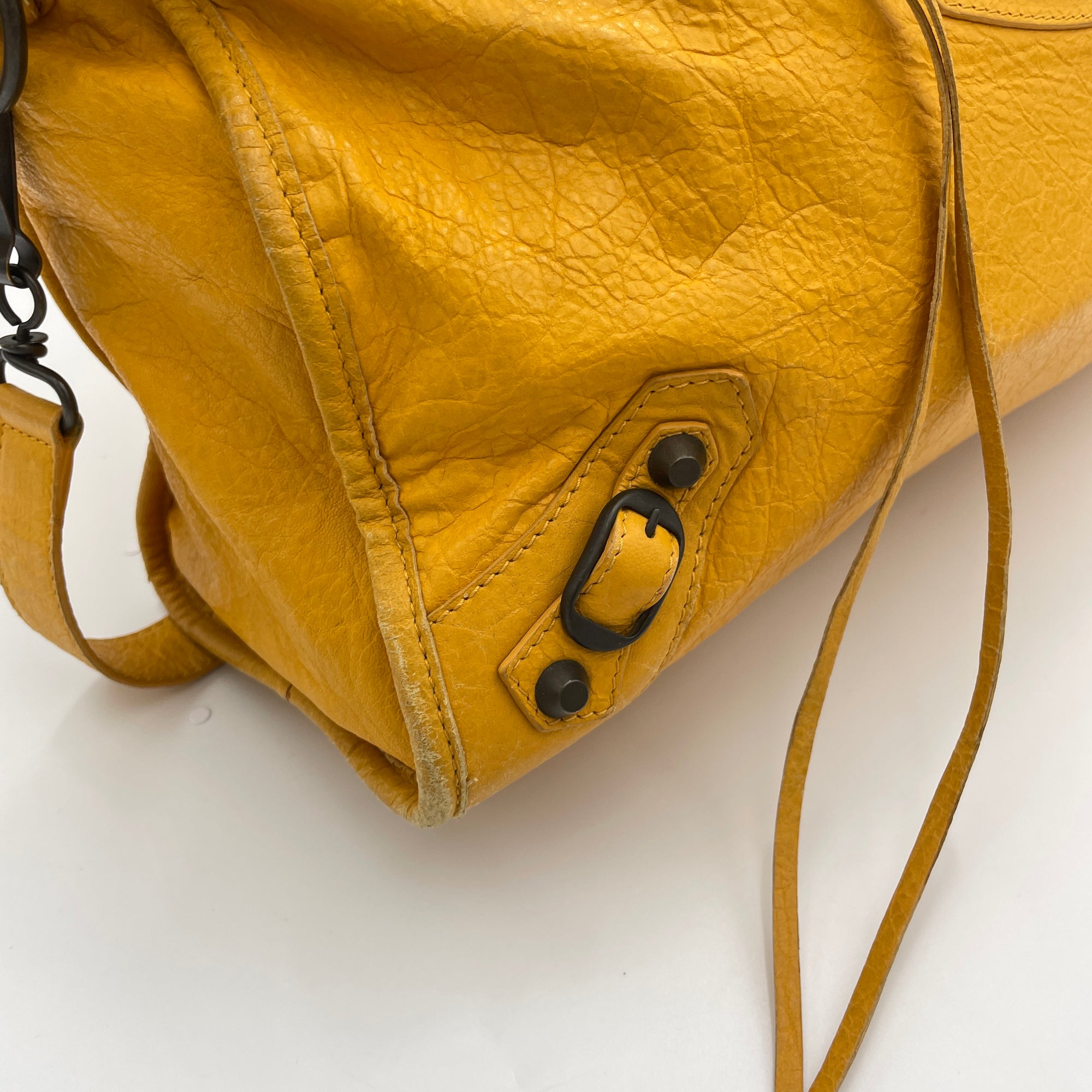 City Yellow Top Handle Bag in Distressed Leather, Antique Brass hardware