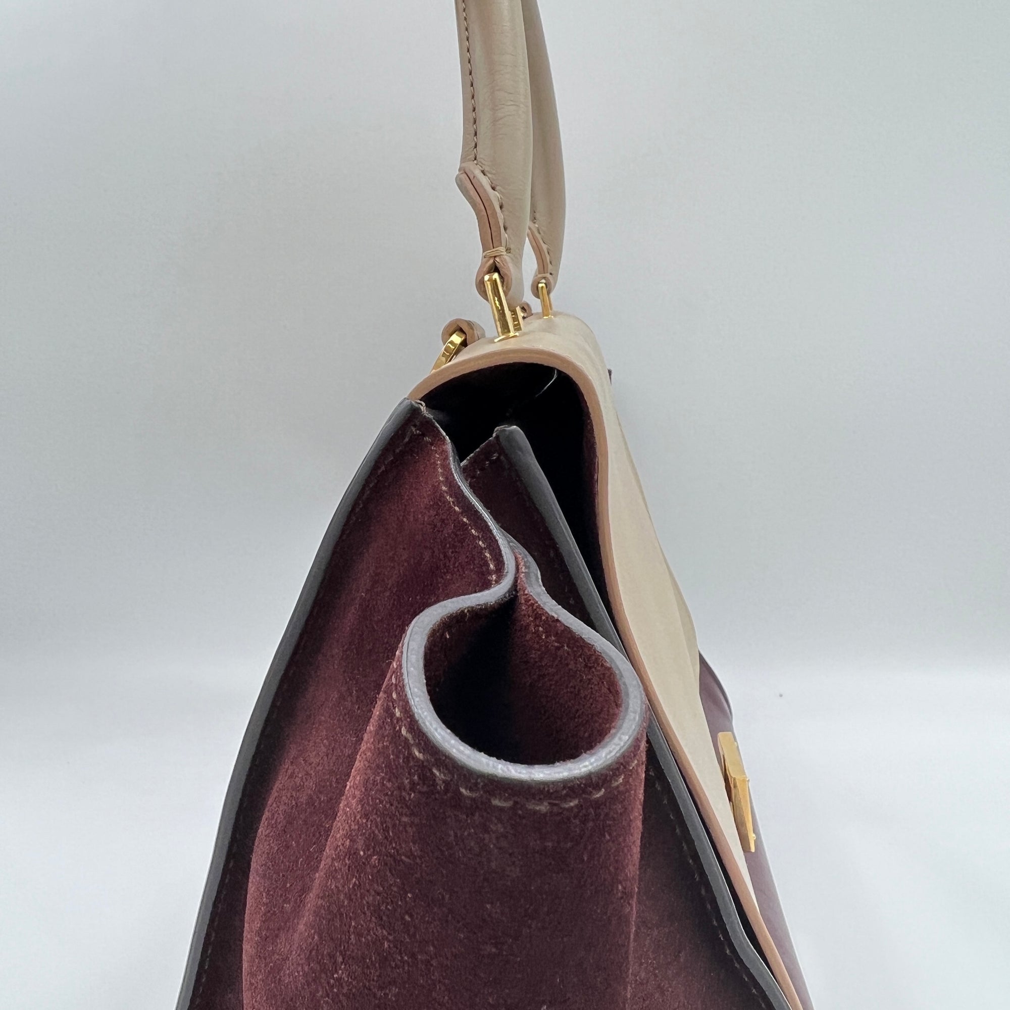 Trapeze Medium Brown Top Handle Bag in Calfskin, Gold hardware