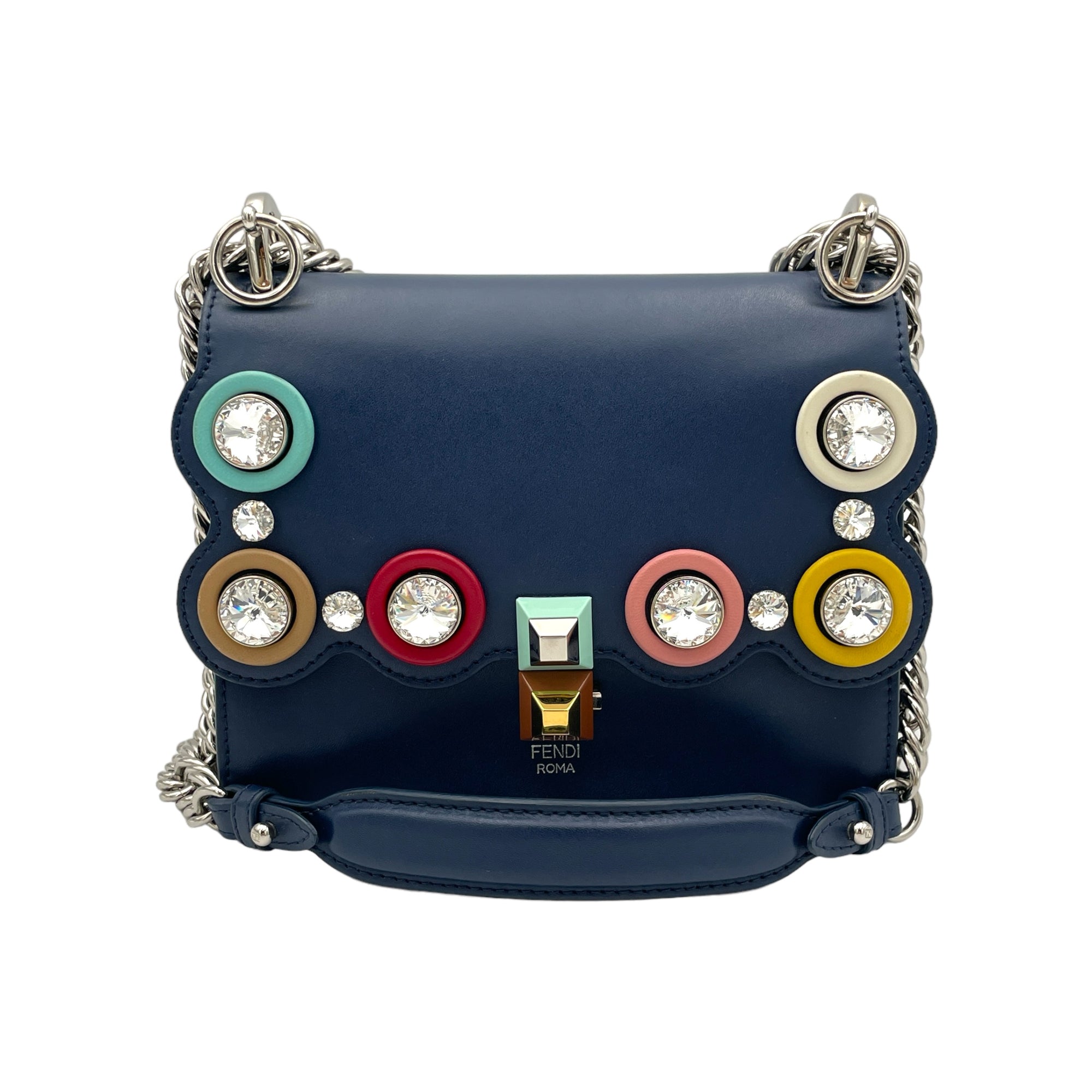 Crystal Studded Kan I Small Navy Crossbody Bag in Calfskin, Silver hardware