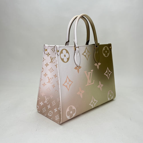 OnTheGo MM Beige Tote Bag in Coated Canvas, Gold hardware