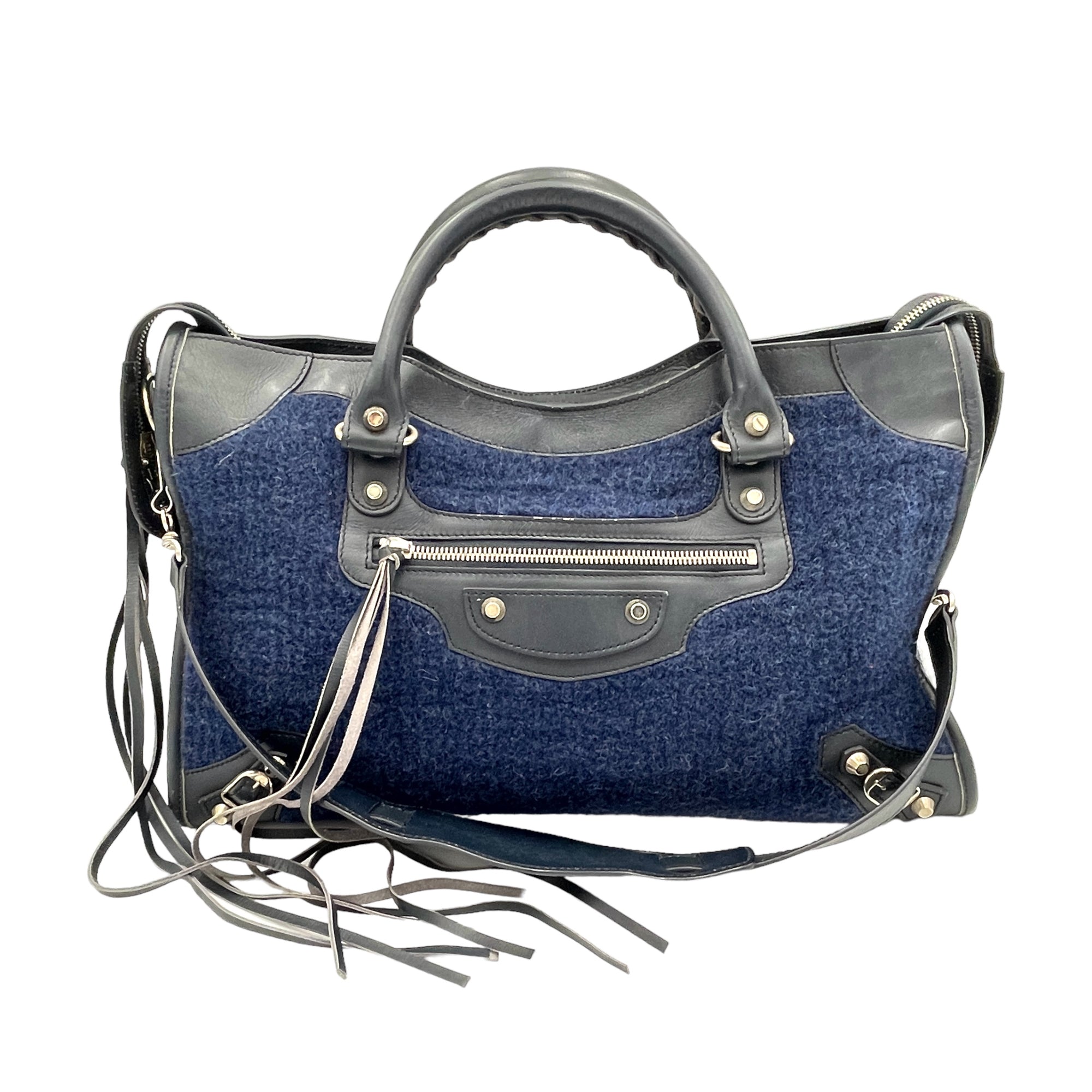 City Blue Shoulder Bag in Wool, Silver hardware