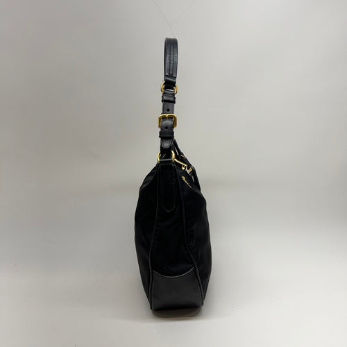 Logo Hobo Black Shoulder Bag in Nylon, Gold hardware