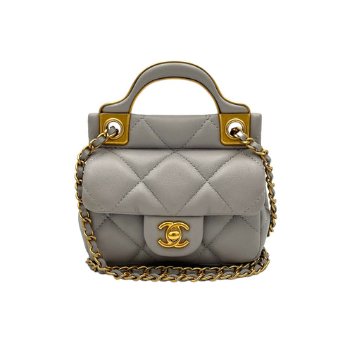 Lady Handle Grey Top Handle Bag in Lambskin, Gold hardware