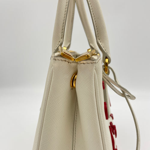 Galleria Mini White Top Handle Bag in Saffiano Leather, Gold hardware