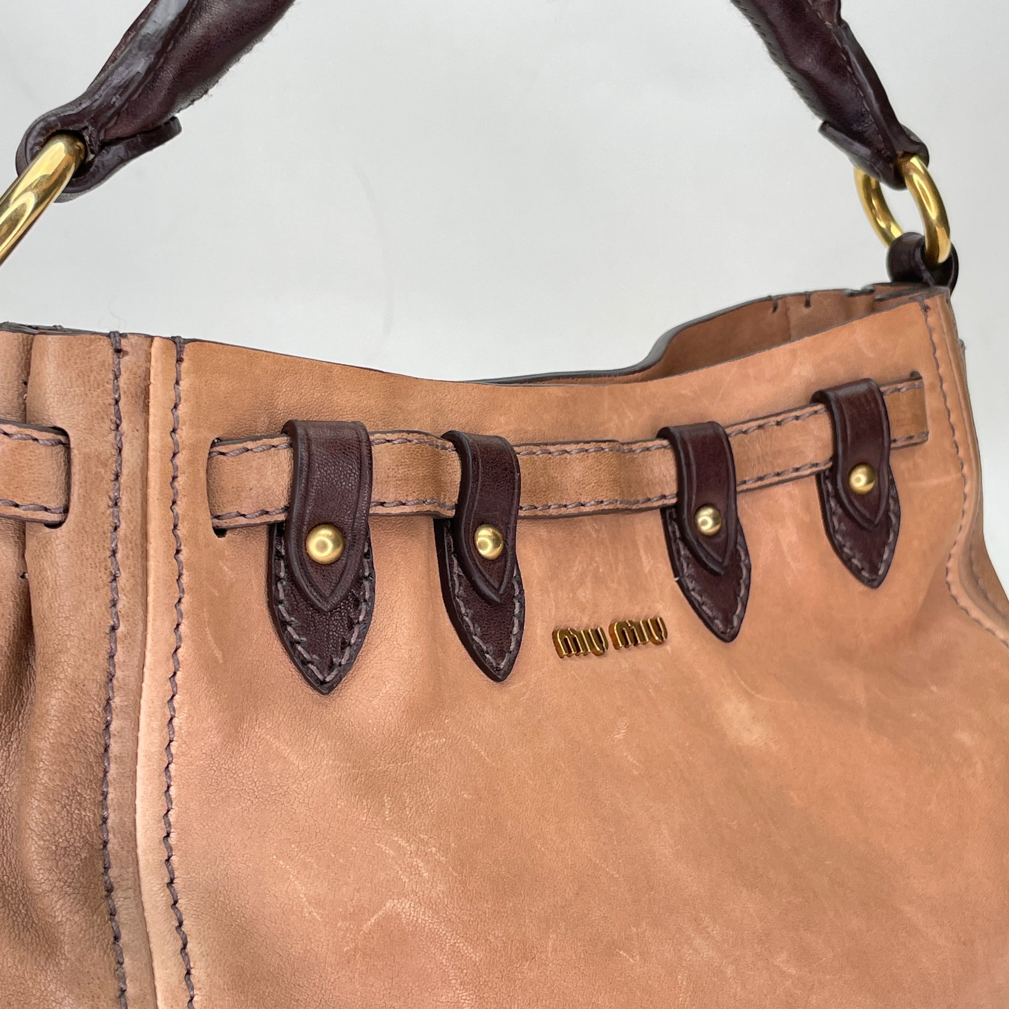 Two Way Bucket Brown Crossbody Bag in Calfskin, Gold hardware