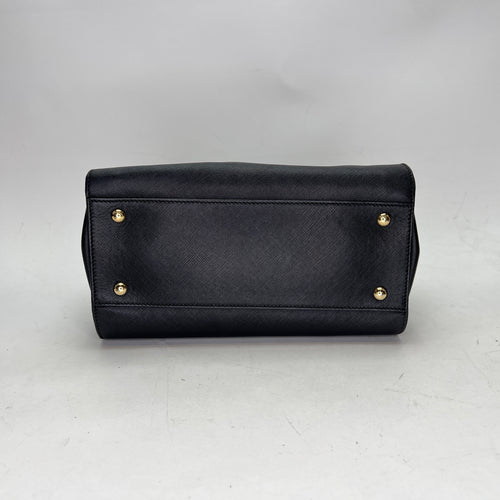 Gancini Black Top Handle Bag in Saffiano Leather, Gold hardware