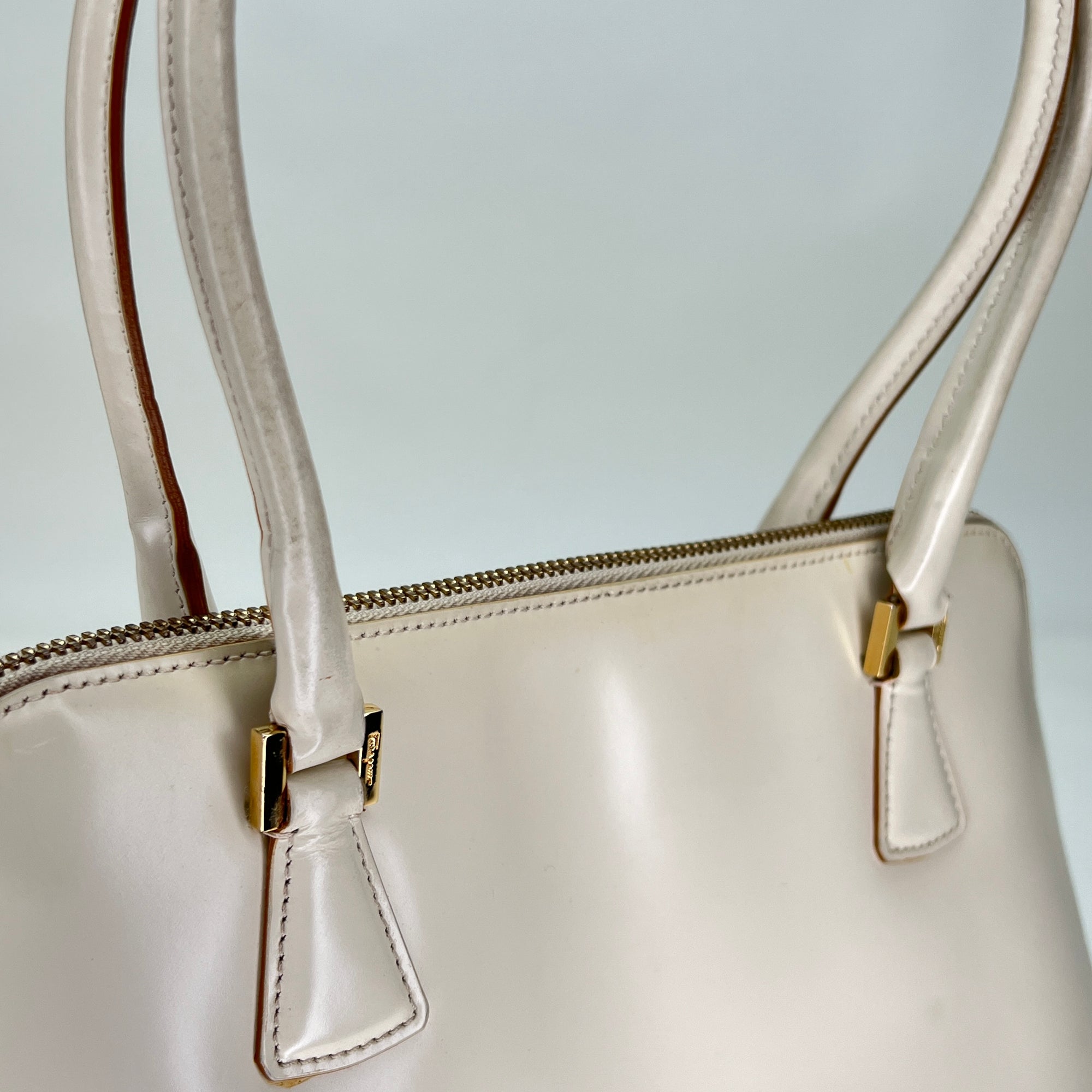 Zip Around Cream Top Handle Bag in Calfskin, Gold hardware