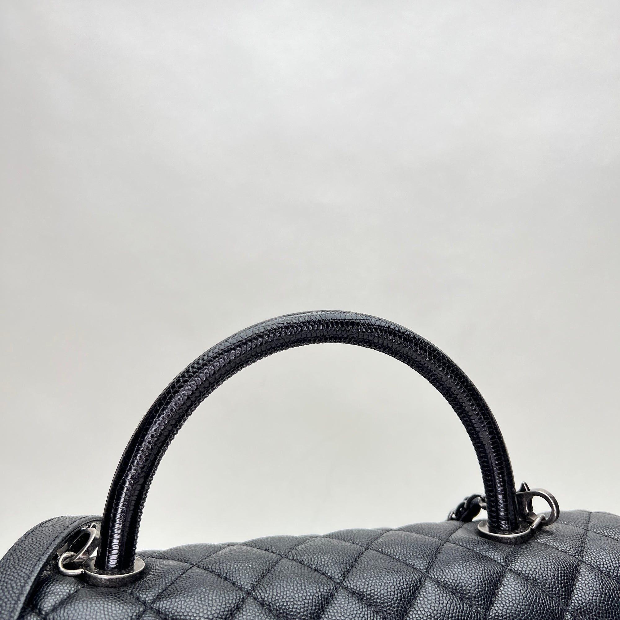 Coco Medium Black Top Handle Bag in Caviar Leather, Ruthenium hardware