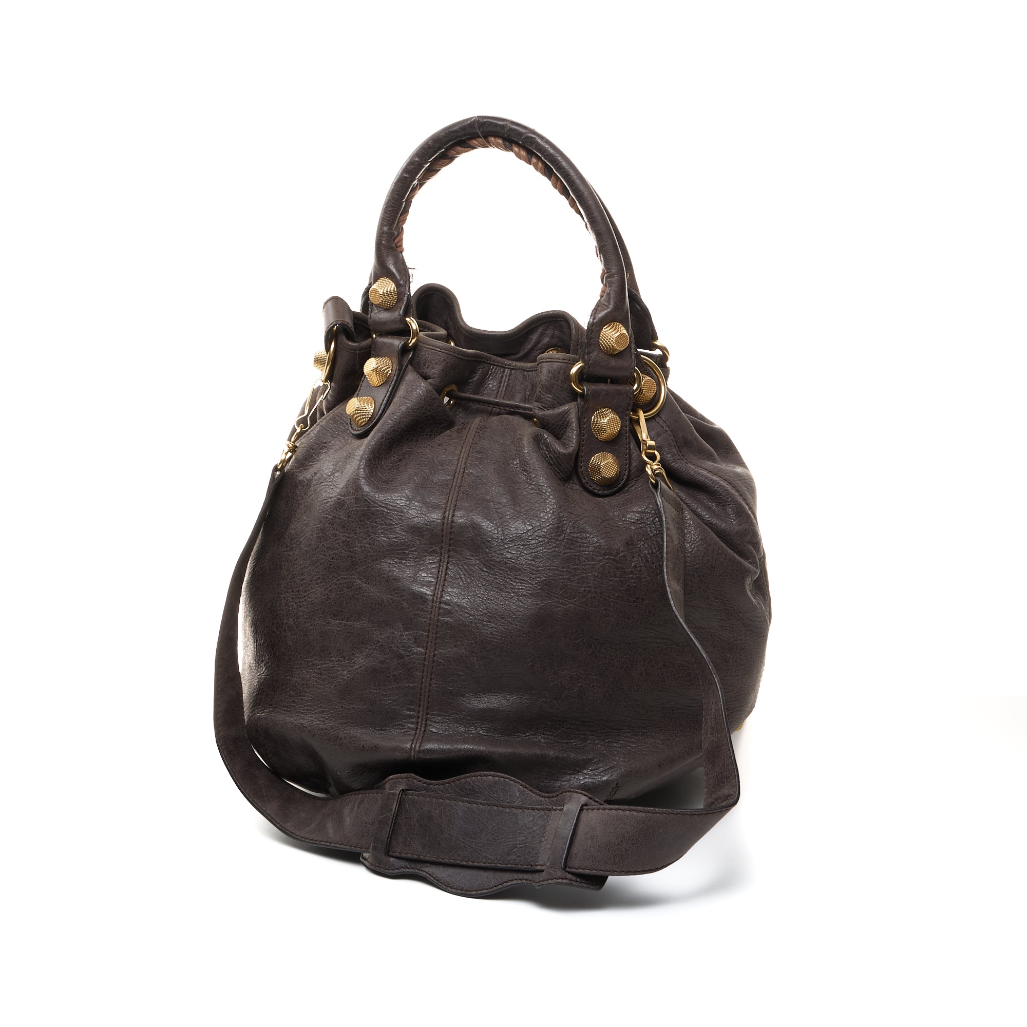 PomPon Large Brown Top Handle Bag in Lambskin, Gold hardware