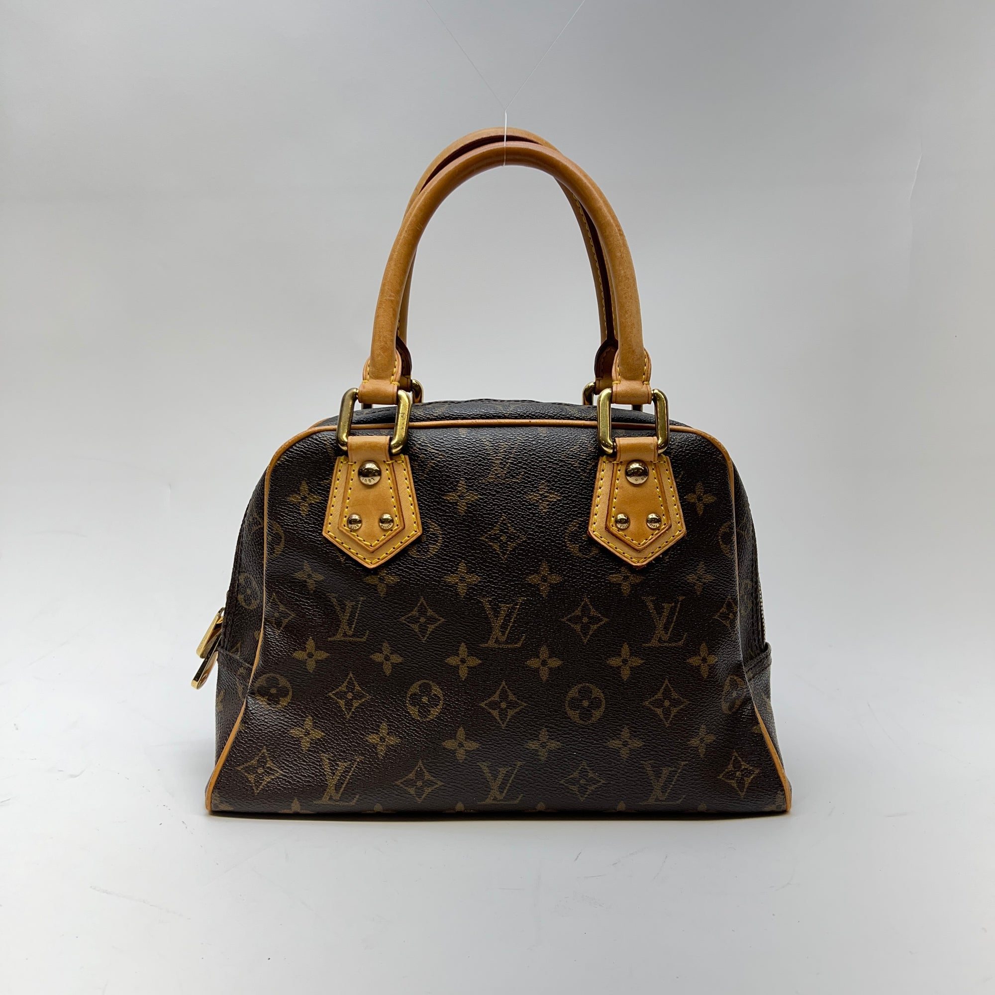 Manhattan PM Brown Top Handle Bag in Monogram Coated Canvas, Gold hardware